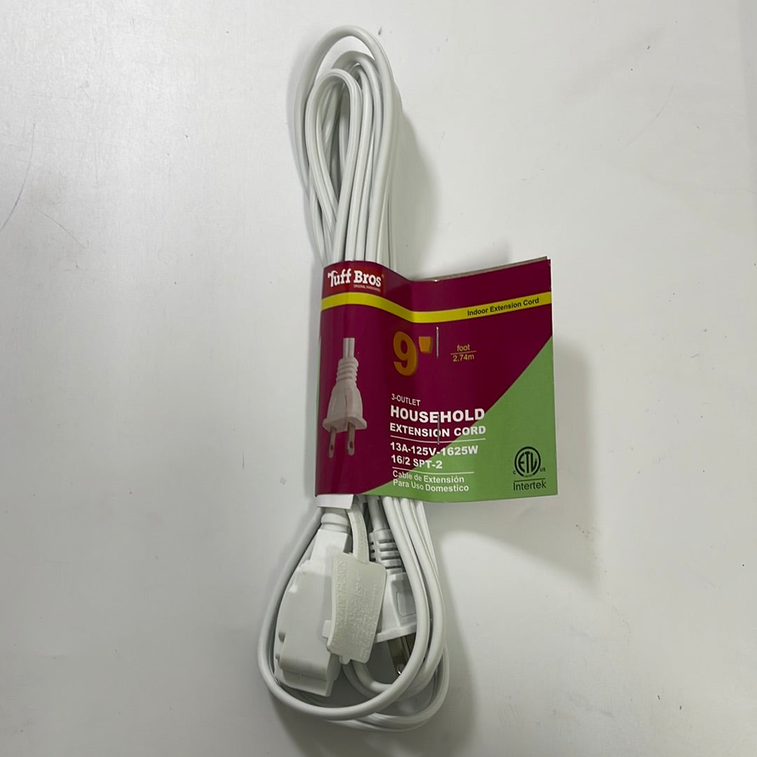 33603 HOUSEHOLD EXTENSION CORD WHITE COLOR, 9 FEET, ETL QUALIFIED, 25P CK TRADING